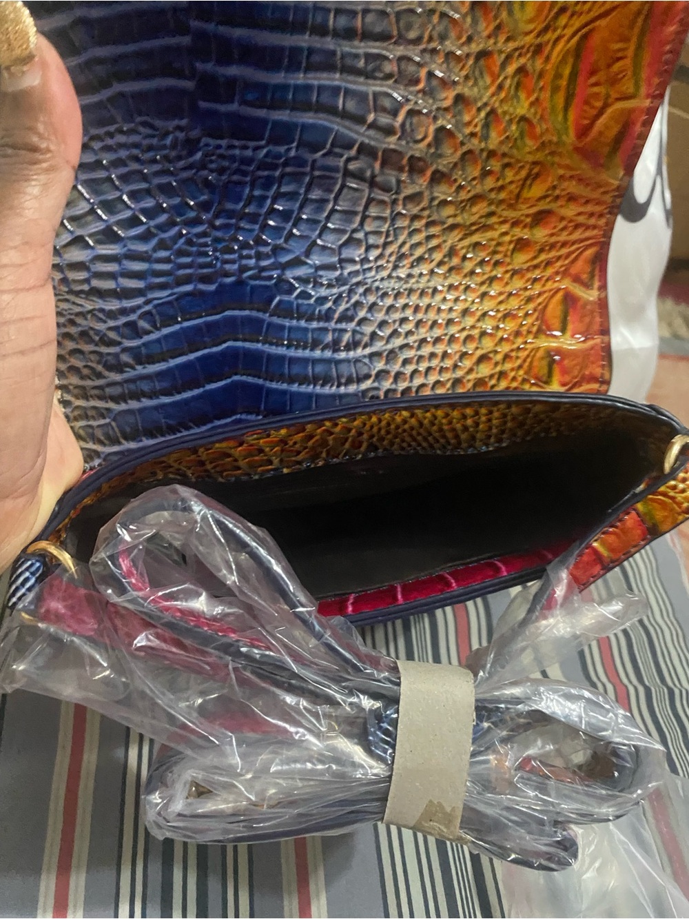 Colorblock Croc-Embossed Crossbody Bag in Blue, Orange & Pink